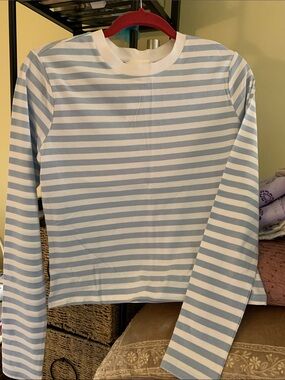 H&M Striped Crewneck Tee in Pale Blue and White